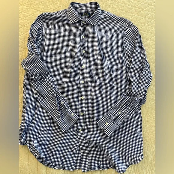 POLO RALPH LAUREN Small Gingham Check Linen Sport Shirt in Blue Size 2XLT $125 - Picture 2 of 6
